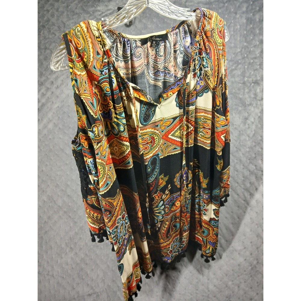 Caleoos Paisley Cold Shoulder Tunic Top M Tassels Artsywear Festival Boho - Picture 2 of 8